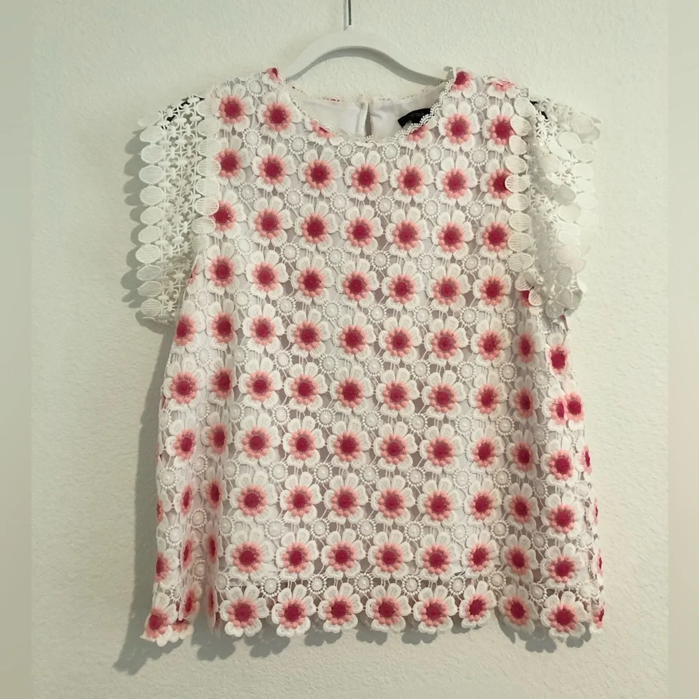 J. Crew White and Pink Floral Crochet Top Large